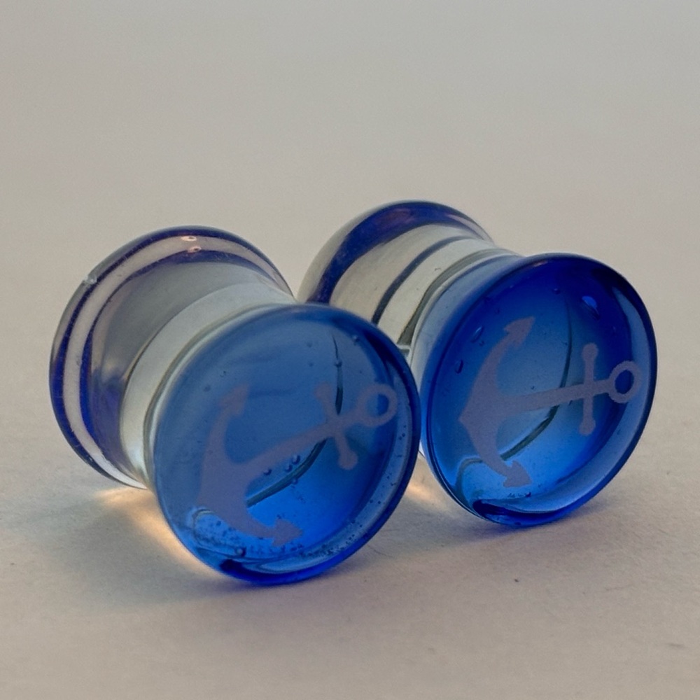 Blue Glass Pyrex Flared Plug with Anchor Design Pair